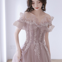 Pink tulle lace long prom dress A  line evening dress - Thumbnail 2