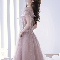 Pink tulle lace long prom dress A  line evening dress - Thumbnail 4