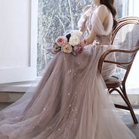 Pink tulle beads long prom prom dress pink evening dress - Thumbnail 3