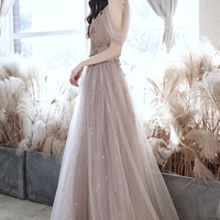 Pink tulle beads long prom prom dress pink evening dress - Thumbnail 5