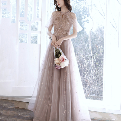 Pink tulle beads long prom prom dress pink evening dress - Thumbnail 1