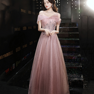 Pink tulle sequins long prom dress pink evening dress - Thumbnail 2