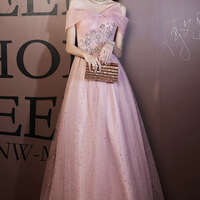 Pink tulle sequins long prom dress pink evening dress - Thumbnail 1