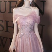 Pink tulle sequins long prom dress pink evening dress - Thumbnail 3