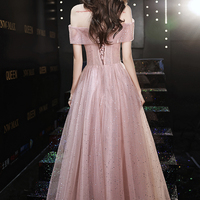 Pink tulle sequins long prom dress pink evening dress - Thumbnail 5