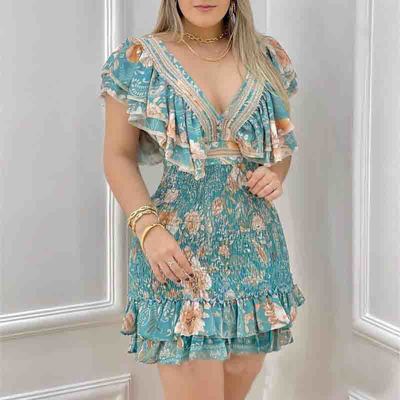 Printed V-Neck Design Ruffle Dress