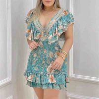 Printed V-Neck Design Ruffle Dress - Thumbnail 1