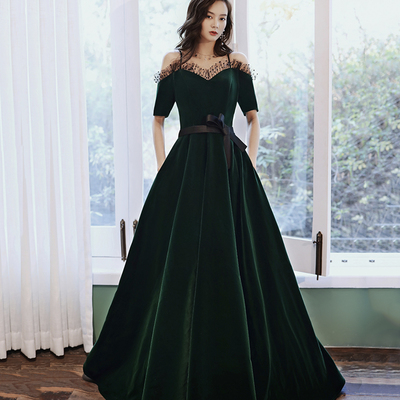 Green velvet long prom dress a line evening dress - Thumbnail 1