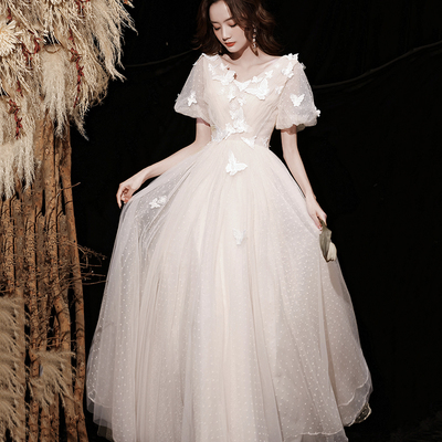 Champagne tulle lace long prom dress a line evening dress - Thumbnail 2