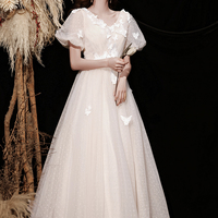 Champagne tulle lace long prom dress A line evening dress - Thumbnail 1