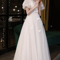 Champagne tulle lace long prom dress A line evening dress - Thumbnail 3