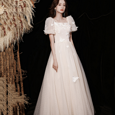 Champange tulle long a line prom dress evening dress - Thumbnail 1