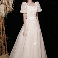 Champange tulle long A line prom dress evening dress - Thumbnail 1