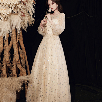 Champagne tulle sequins long prom dress a line evening dress - Thumbnail 3