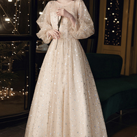 Champagne tulle sequins long prom dress A line evening dress - Thumbnail 1