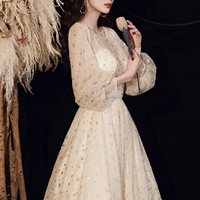 Champagne tulle sequins long prom dress A line evening dress - Thumbnail 3