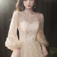 Champagne tulle sequins long prom dress A line evening dress - Thumbnail 5