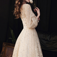 Champagne tulle sequins long prom dress A line evening dress - Thumbnail 6