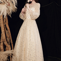 Champagne tulle sequins long prom dress A line evening dress - Thumbnail 7