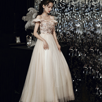 Champagne tulle lace long prom dress a line evening dress - Thumbnail 2