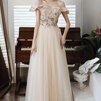 Champagne tulle lace long prom dress A line evening dress - Thumbnail 4