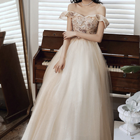 Champagne tulle lace long prom dress A line evening dress - Thumbnail 5