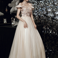 Champagne tulle lace long prom dress A line evening dress - Thumbnail 7