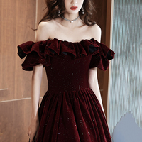 Burgundy vleve long prom dress A line evening dress - Thumbnail 1