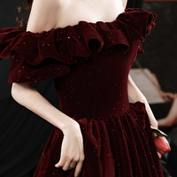 Burgundy vleve long prom dress A line evening dress - Thumbnail 2
