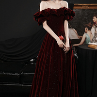 Burgundy vleve long prom dress A line evening dress - Thumbnail 3