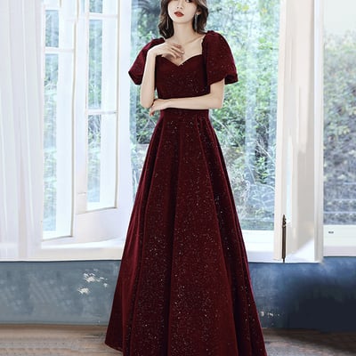 Burgundy velvet long prom dress a line evening dress - Thumbnail 2