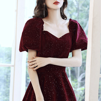 Burgundy velvet long prom dress A line evening dress - Thumbnail 1