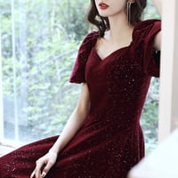 Burgundy velvet long prom dress A line evening dress - Thumbnail 2