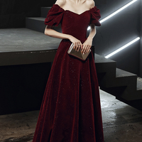 Burgundy velvet long prom dress A line evening dress - Thumbnail 4