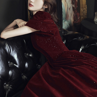 Burgundy velvet long prom dress A line evening dress - Thumbnail 3