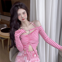 Sexy Girl Pink Heart Love Stripe Off Shoulder Tops - Thumbnail 4