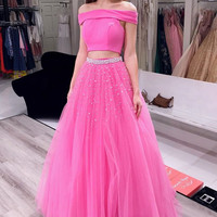 SP2070,Two pieces tulle prom dresses,beaded a-line long evening dress - Thumbnail 1