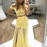 SP2074,Yellow two pieces lace prom evening dress long lace formal gown - Thumbnail 1