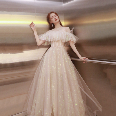 Cute tulle sequins long prom dress a line evening dress - Thumbnail 1