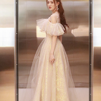 Cute tulle sequins long prom dress A line evening dress - Thumbnail 4