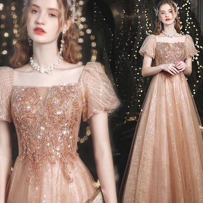 Cute tulle beads long prom dress a line evening dress - Thumbnail 1