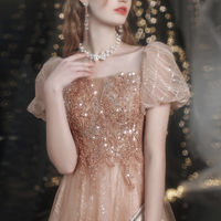 Cute tulle beads long prom dress A line evening dress - Thumbnail 1