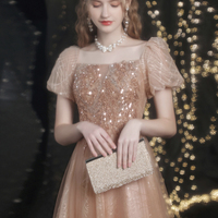 Cute tulle beads long prom dress A line evening dress - Thumbnail 2