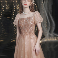 Cute tulle beads long prom dress A line evening dress - Thumbnail 3