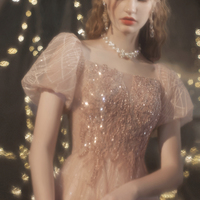 Cute tulle beads long prom dress A line evening dress - Thumbnail 4