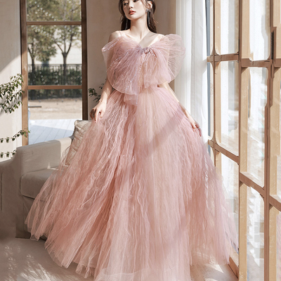 Pink tulle beads long prom dress pink evening dress