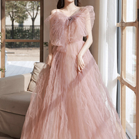 Pink tulle beads long prom dress pink evening dress - Thumbnail 1