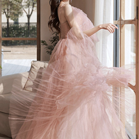Pink tulle beads long prom dress pink evening dress - Thumbnail 3