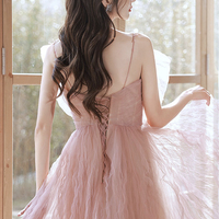 Pink tulle beads long prom dress pink evening dress - Thumbnail 4