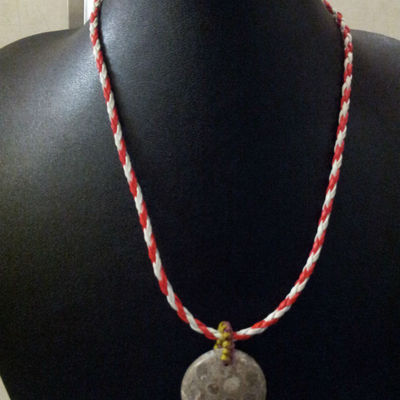 Natural coral fossil gemstone circle pendant w/ artificial leather 16" necklace